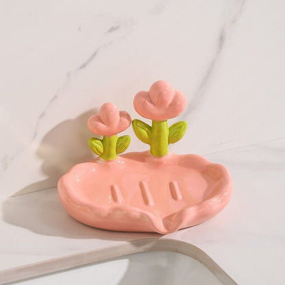 Feblilac Home Cute Super Cute Flower Ceramic Soap Box Bathroom