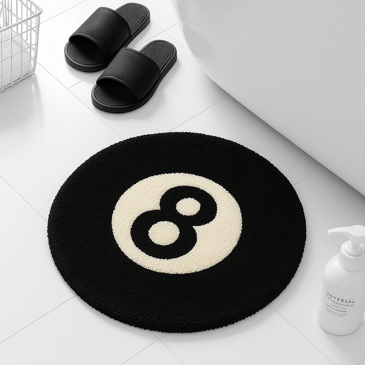 Feblilac 8 Ball tufted bath mat by the sink with slippers and a towel basket