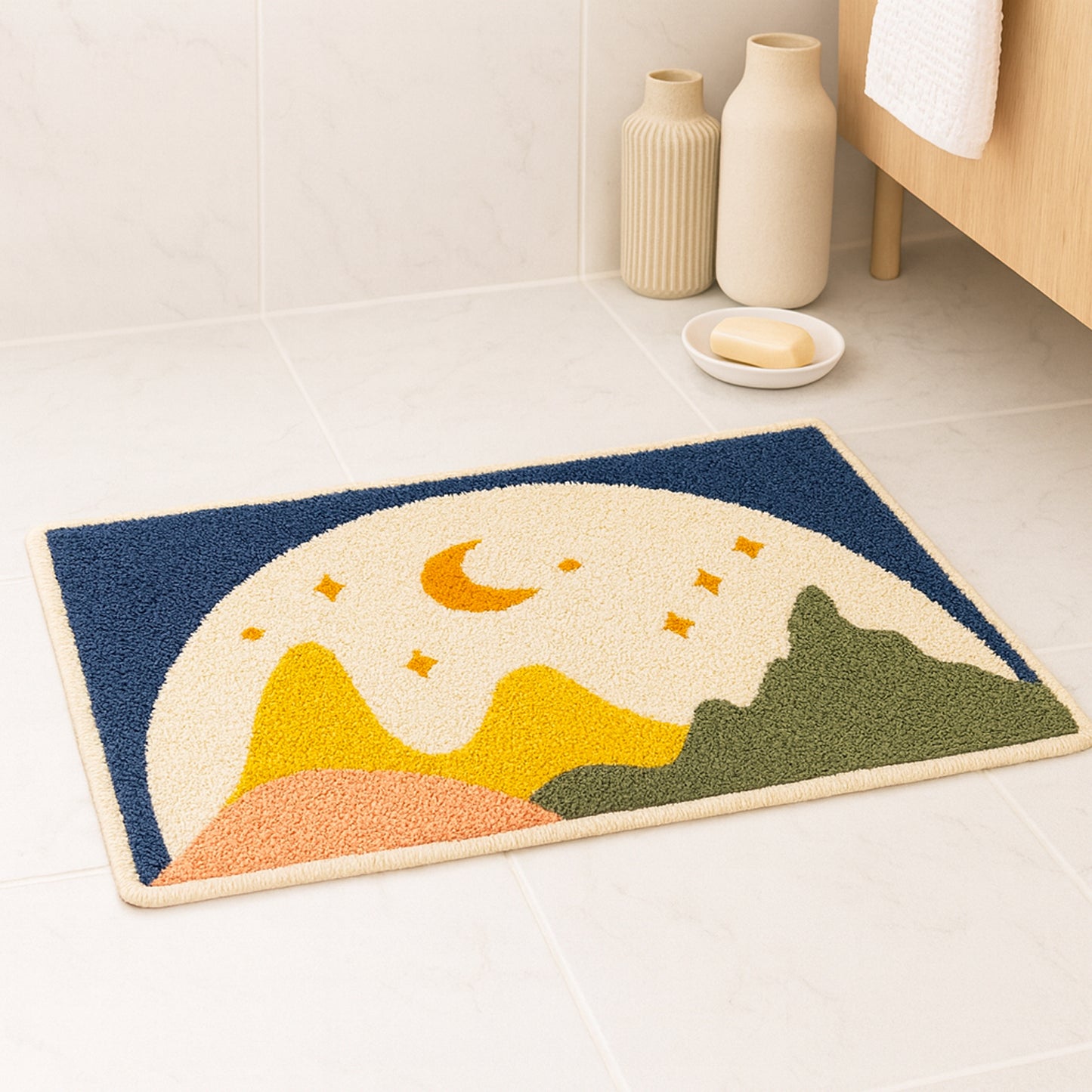 Feblilac Moon & Mountain Tufted Bath Mat – Soft Non-Slip Absorbent Bathroom Rug
