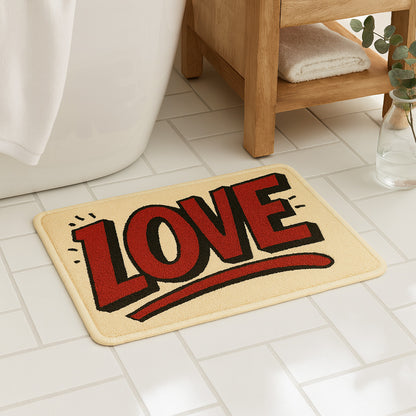 Feblilac LOVE Typography Tufted Bath Mat – Bold Red Comic Style Rug