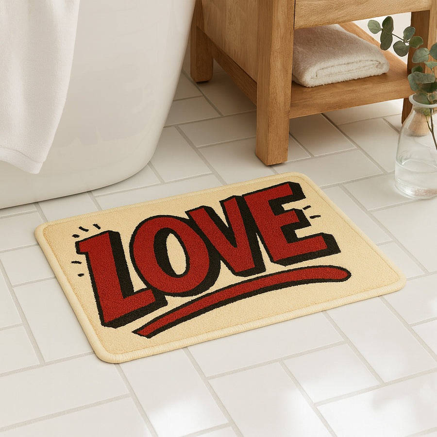 Feblilac LOVE Typography Tufted Bath Mat – Bold Red Comic Style Rug - view 2