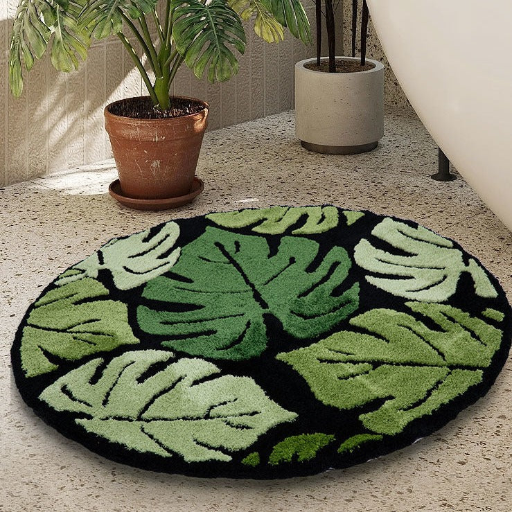 Feblilac Round Green Leaves Tufted Bath Mat, Plant Rug, Green Leaves ...