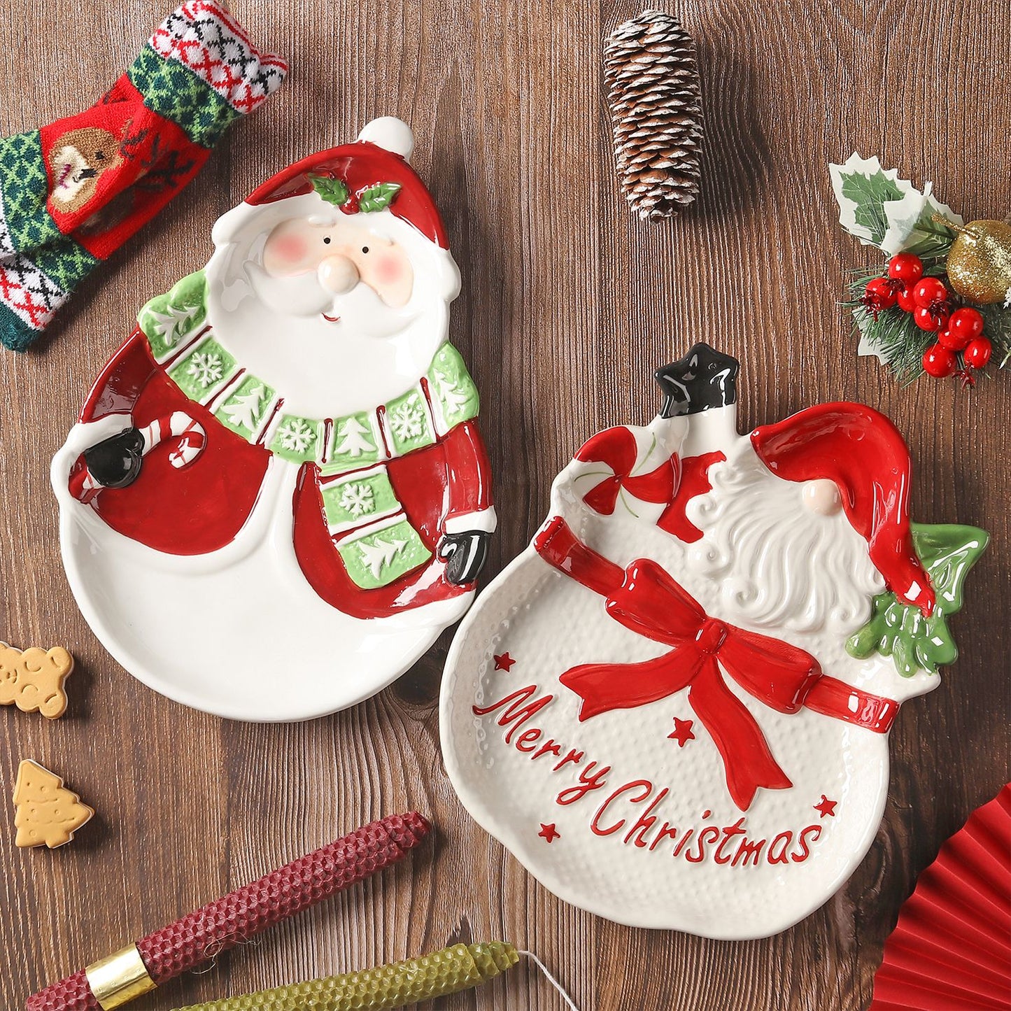 Santa Claus Pine Tree Ceramic Tray, Cute Holiday Plate for Kitchen Dessert Tableware, Christmas Decor