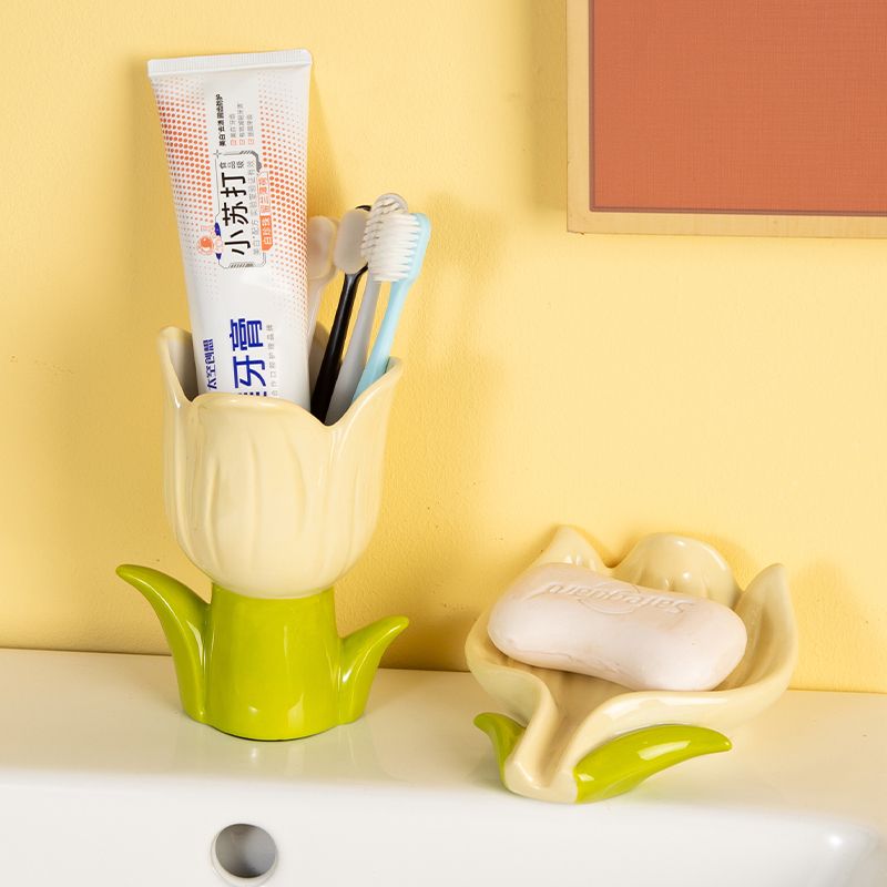 Feblilac Creative Ceramic Soap Box, Flower Toothbrush Holder, Sink Storage Cylinder, Bathroom Soap Box Decorat - view 4