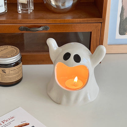 Feblilac Cute Ghost Ceramic Candle Holder Ornament Dining Table Scented Candle Holder Halloween Photo Decoration Props