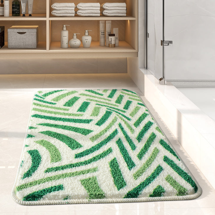 Feblilac Abstract Green Lines Bath Mat, Modern Leaves Art Rug for Bath