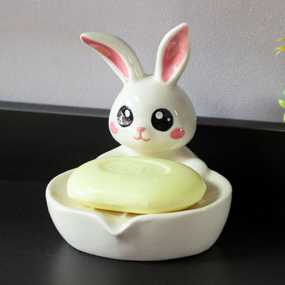 Feblilac Soap Box Ceramic Drain Soap Box Cute Little Rabbit Creative Bathroom