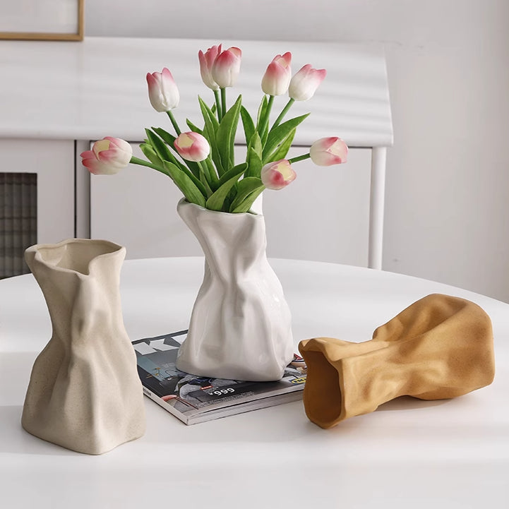 Feblilac Cream Wind Vase Ornament, Living Room Flower Arrangement, High-end Ceramic, White Light Luxury Folds,