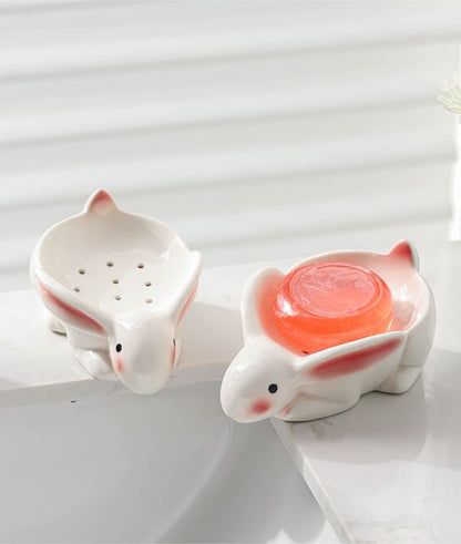 Feblilac Ceramic Soap Box Cartoon Cute Shy Rabbit Bathroom