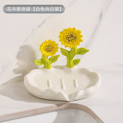 Feblilac Home Cute Super Cute Flower Ceramic Soap Box Bathroom