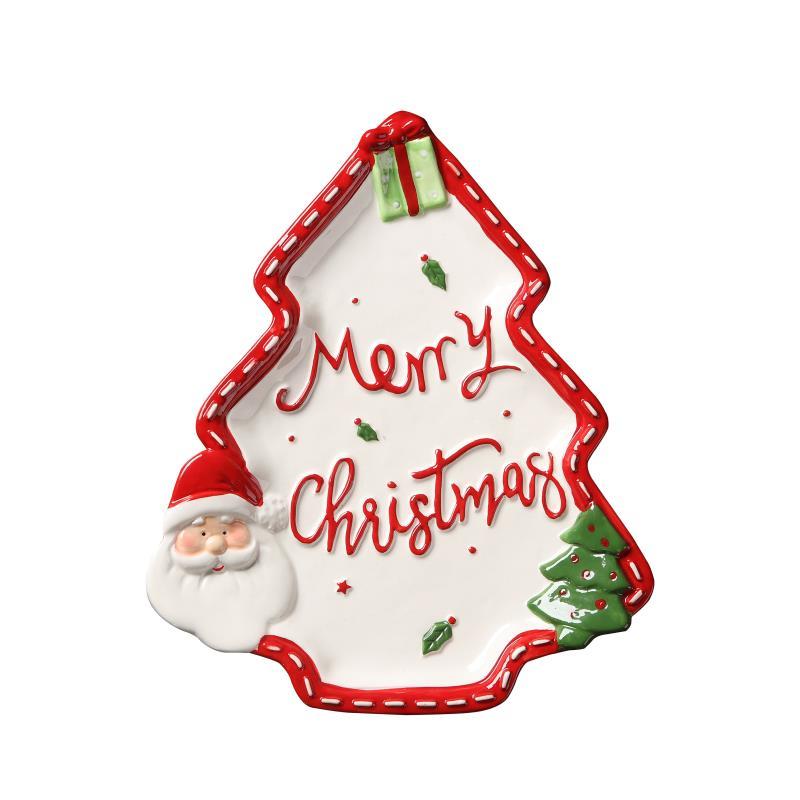 Santa Claus Pine Tree Ceramic Tray, Cute Holiday Plate for Kitchen Dessert Tableware, Christmas Decor