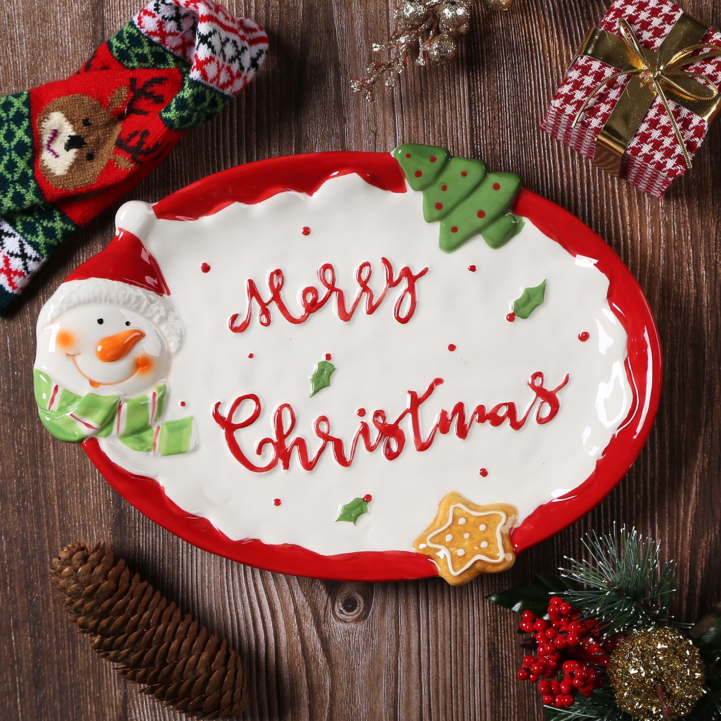 Santa Claus Pine Tree Ceramic Tray, Cute Holiday Plate for Kitchen Dessert Tableware, Christmas Decor - view 12