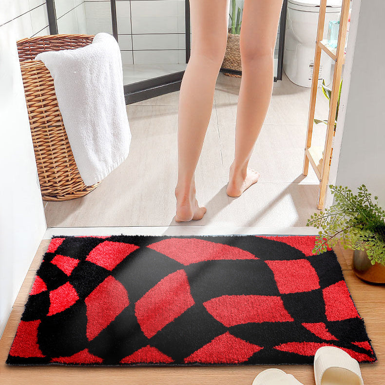 Feblilac Black and White Checkerboard Bath Mat, Abstract Curly Mat Rug - view 5