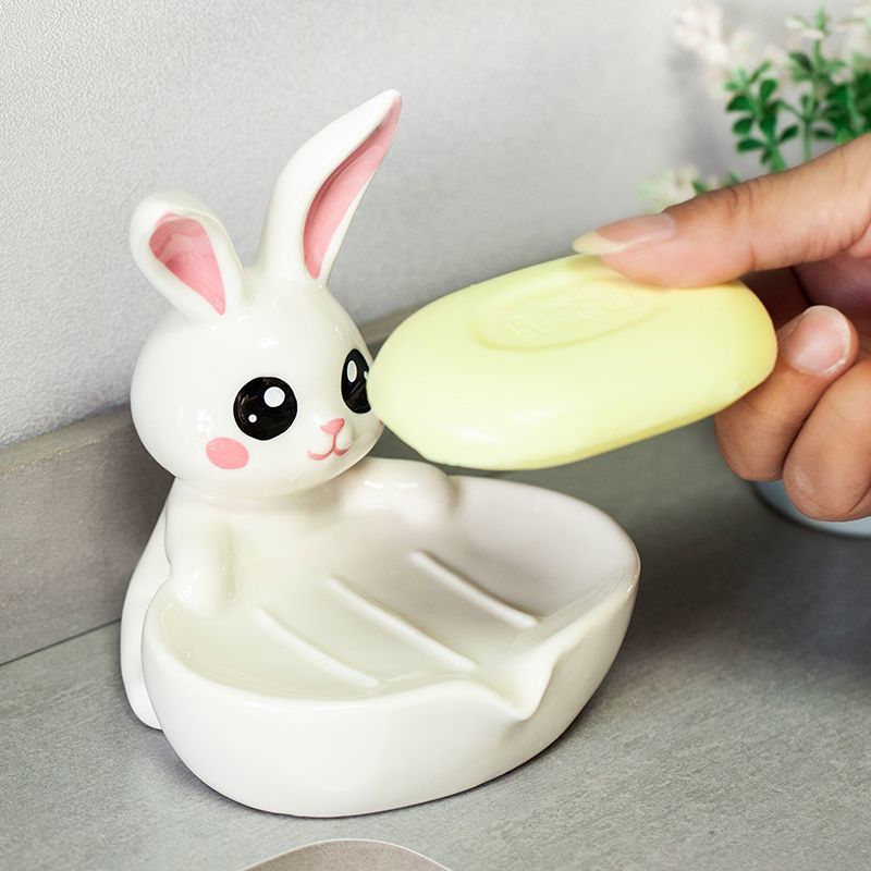 Feblilac Soap Box Ceramic Drain Soap Box Cute Little Rabbit Creative Bathroom