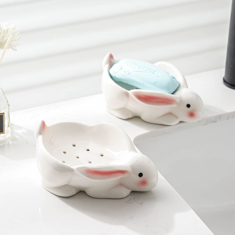 Feblilac Ceramic Soap Box Cartoon Cute Shy Rabbit Bathroom