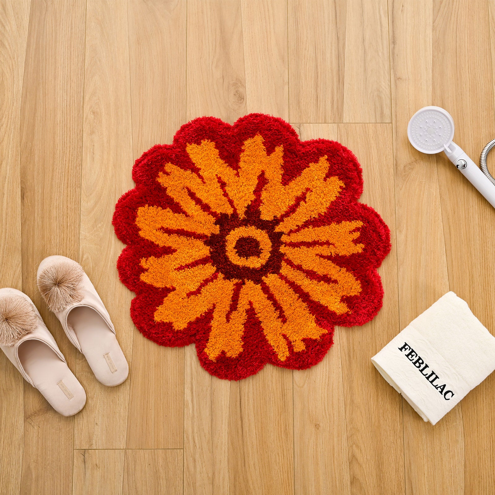 Feblilac Red and Yellow Flower Tufted Bath Mat