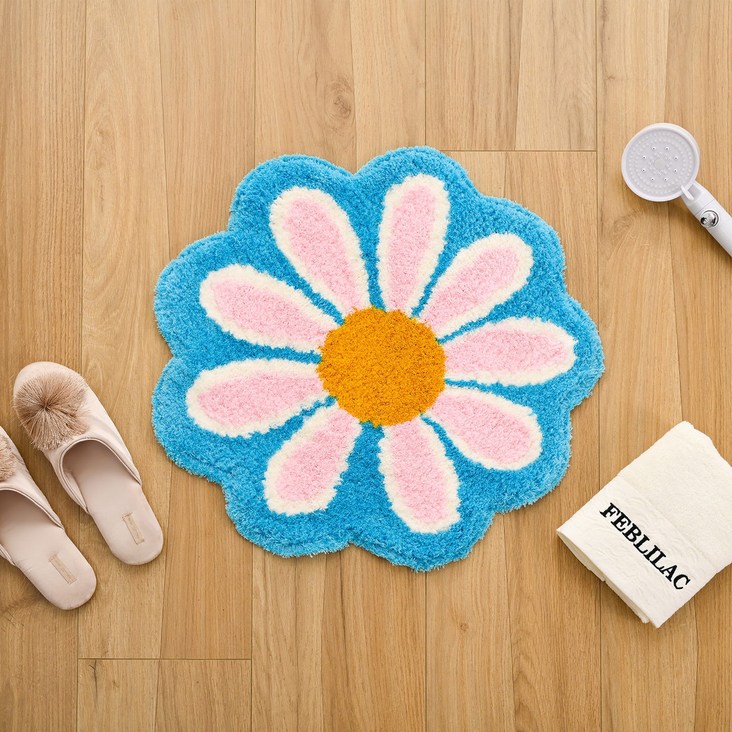 Feblilac Cute Floral Pink Blue Yellow Daisy Flower Tufted Bath Mat