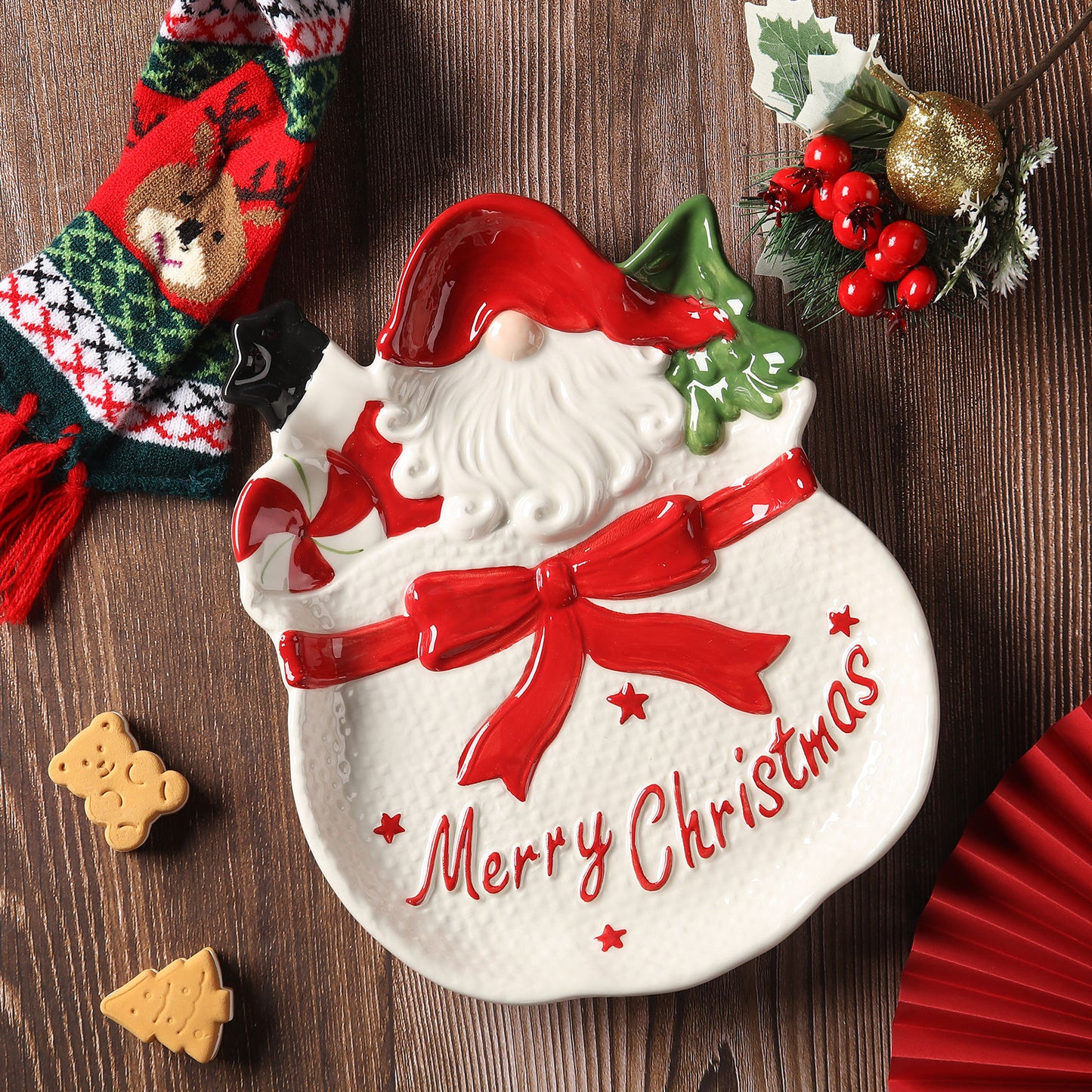 Santa Claus Pine Tree Ceramic Tray, Cute Holiday Plate for Kitchen Dessert Tableware, Christmas Decor