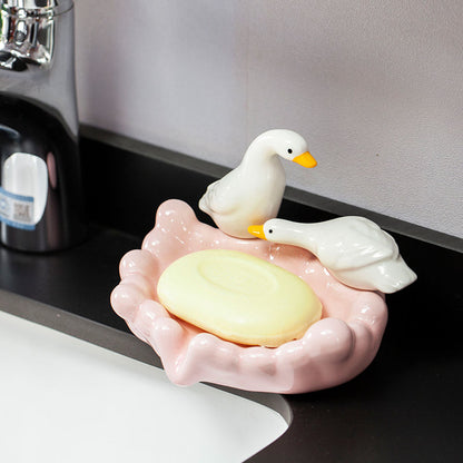 Feblilac Ceramic Soap Box Household Drain Soap Box Creative Duckling Bathroom