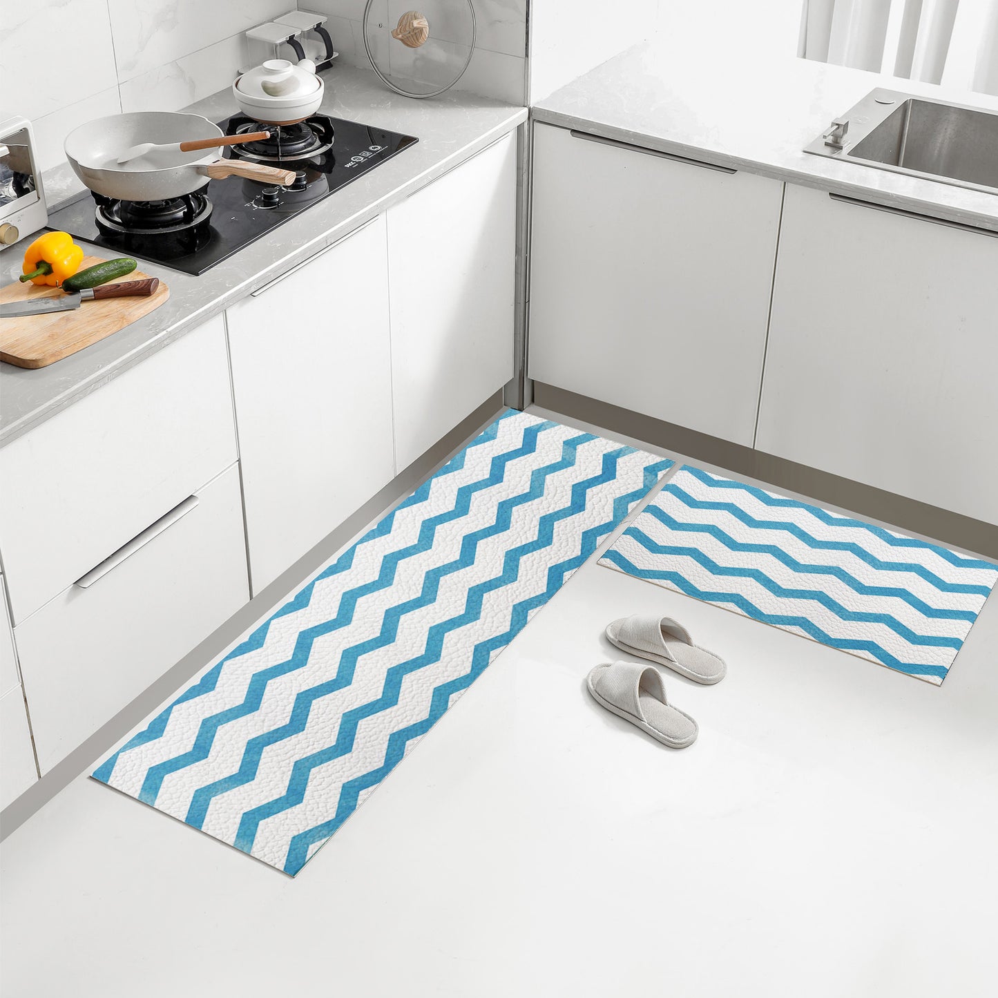 Feblilac Blue Gradient Watercolor Pattern PVC Leather Kitchen Mat