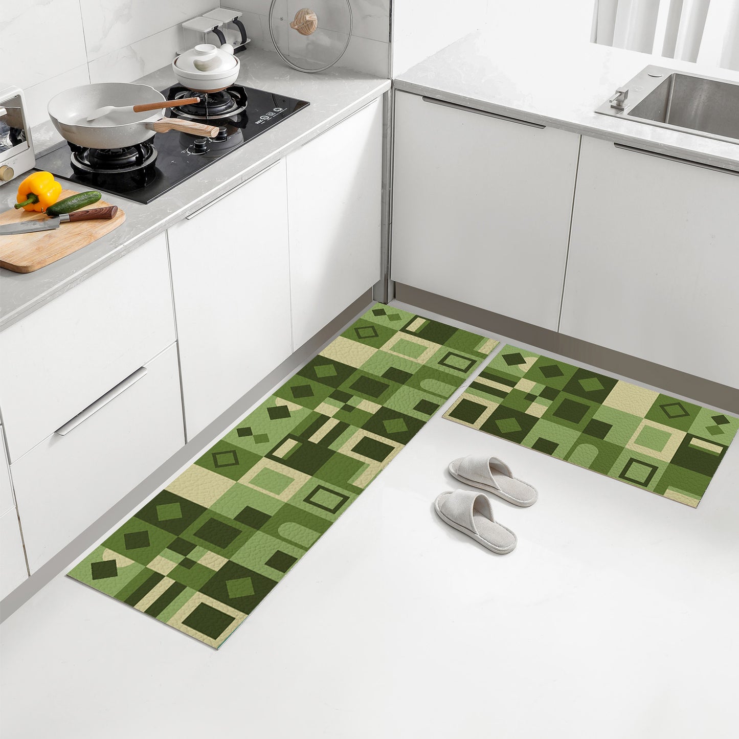 Feblilac Green Geometric Grid PVC Leather Kitchen Mat