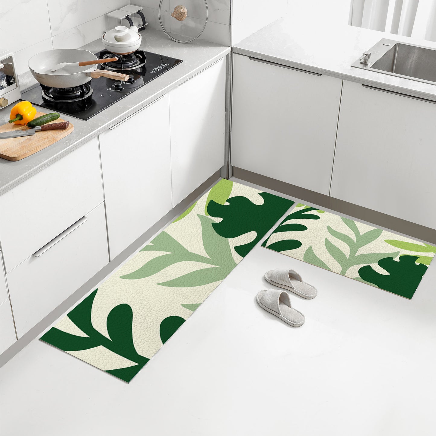 Feblilac Green Leaves PVC Leather Kitchen Mat