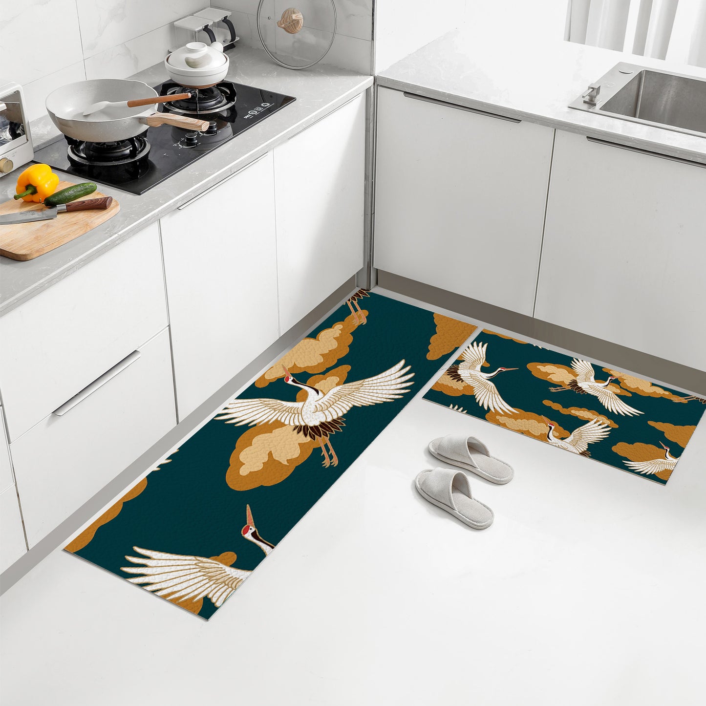 Feblilac Blue Background Crane PVC Leather Kitchen Mat