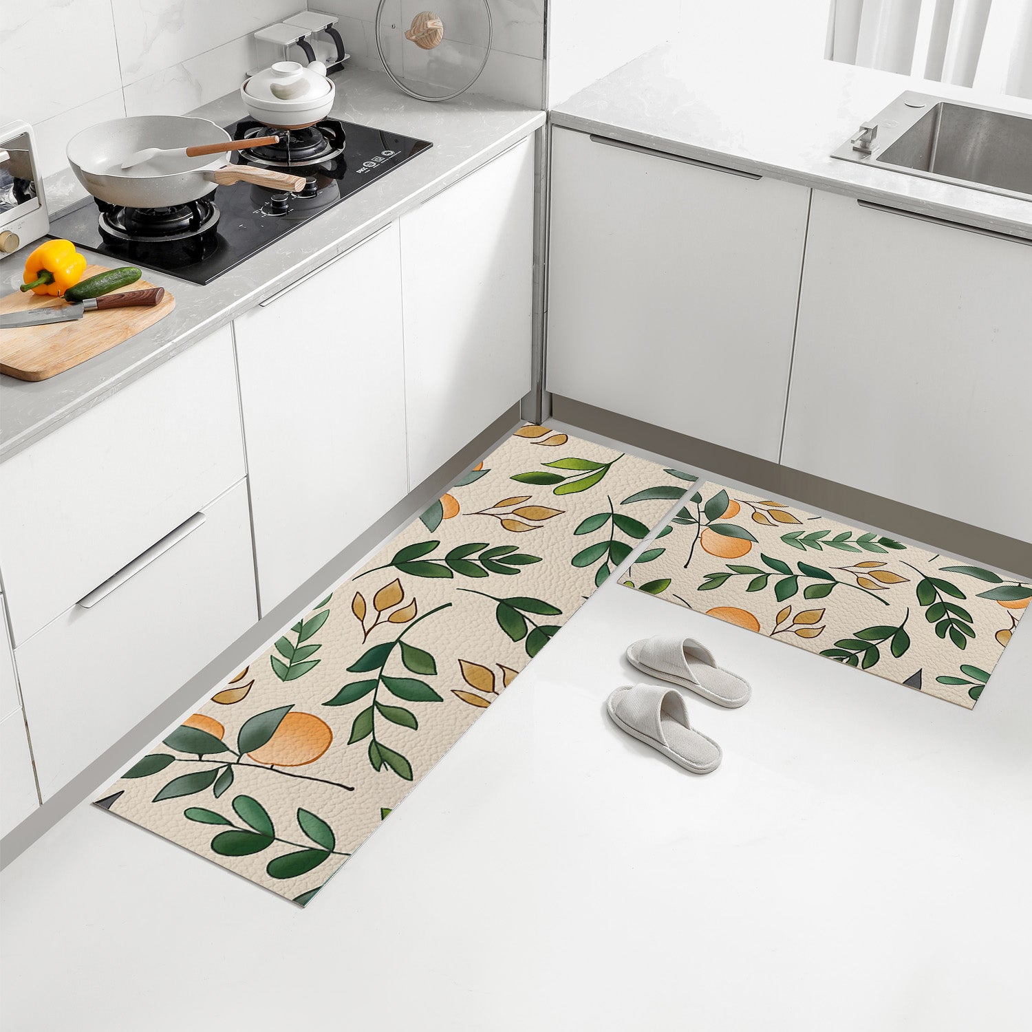 Feblilac Oranges and Leaves PVC Leather Kitchen Mat