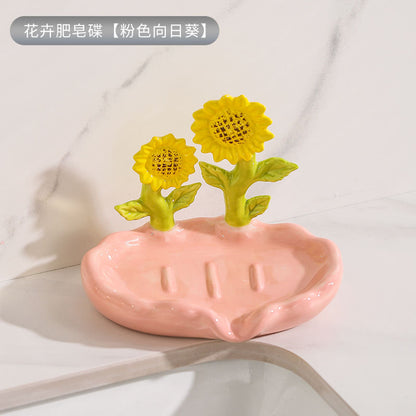 Feblilac Home Cute Super Cute Flower Ceramic Soap Box Bathroom