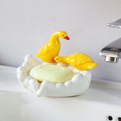 Feblilac Ceramic Soap Box Household Drain Soap Box Creative Duckling Bathroom