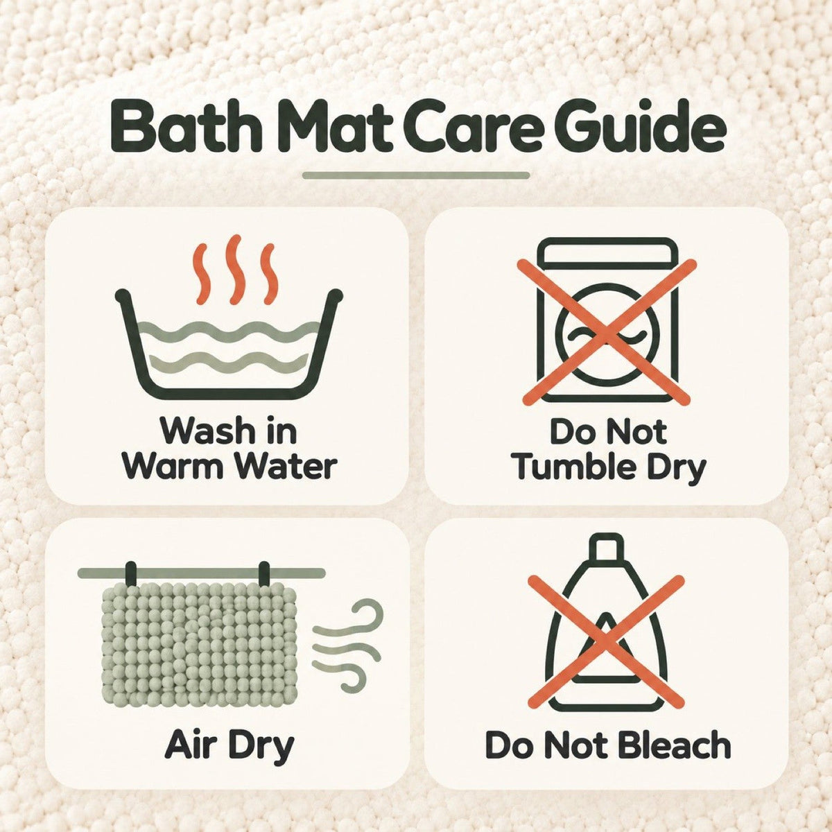 Feblilac Bath Mat Care Guide - Wash in Warm Water, Do Not Tumble Dry, Air Dry, Do Not Bleach