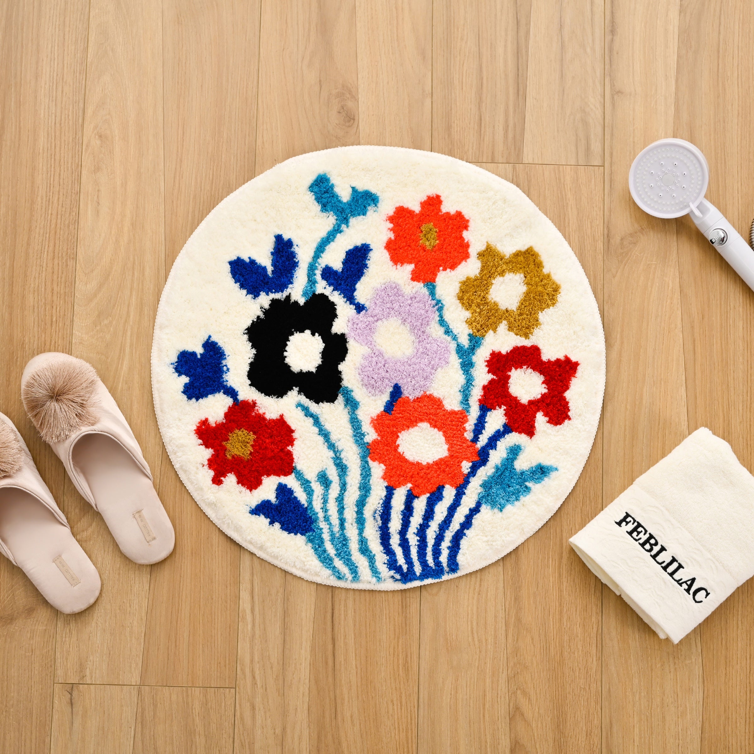 Colorful floral Feblilac round mat in a warm real-home setting
