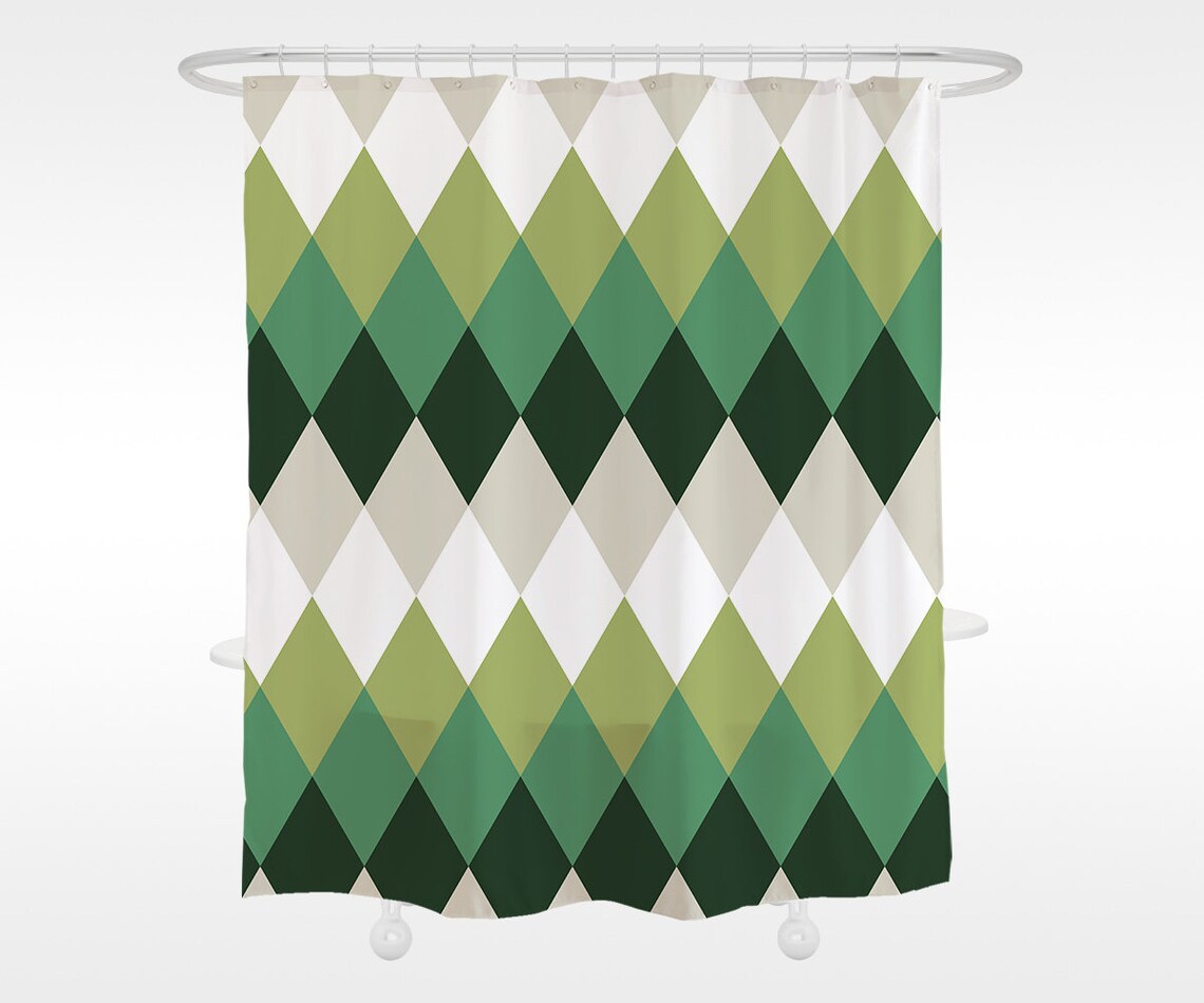 Feblilac Green Diamond Pattern Shower Curtain with Hooks