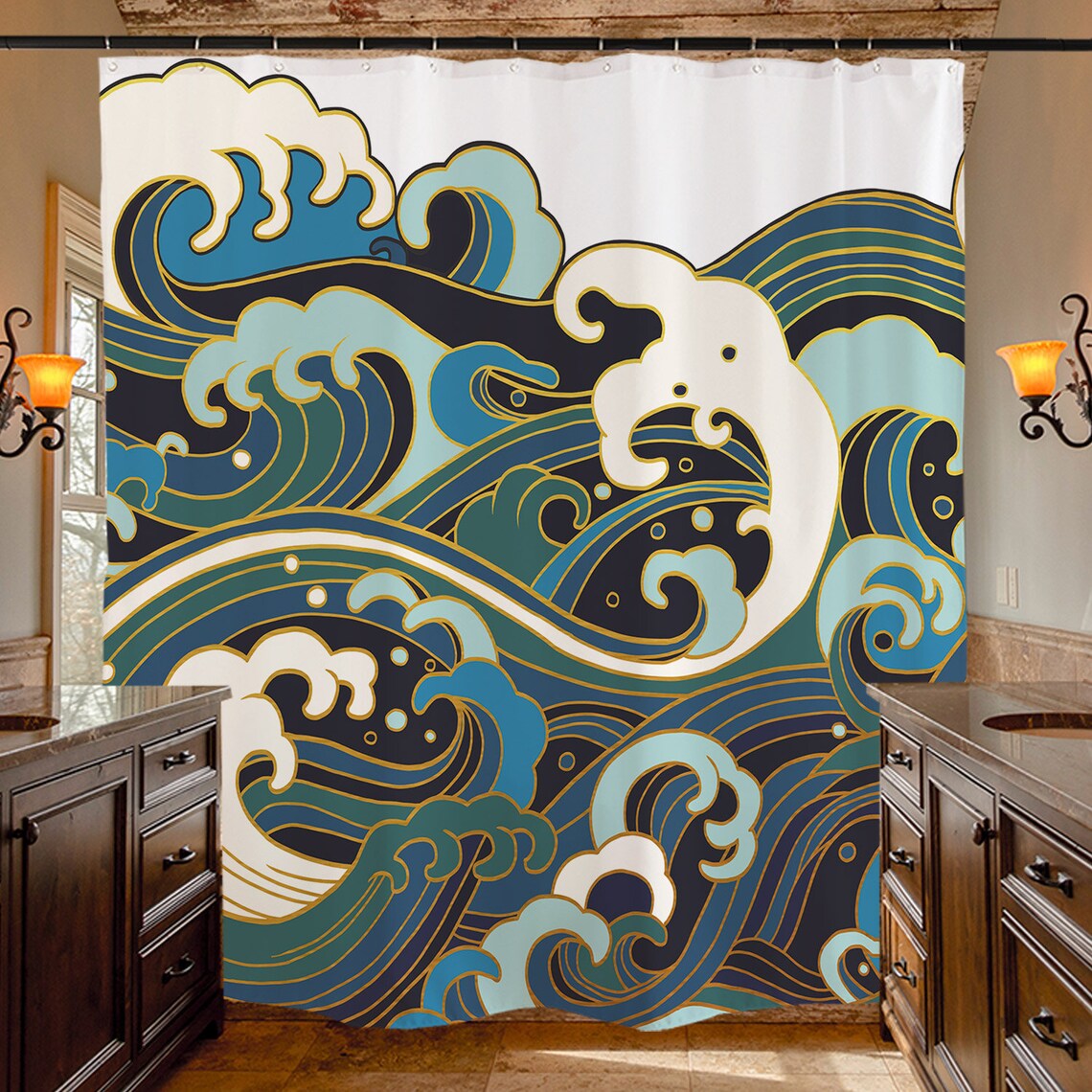 Feblilac Japanese Blue Ocean Waves Shower Curtain