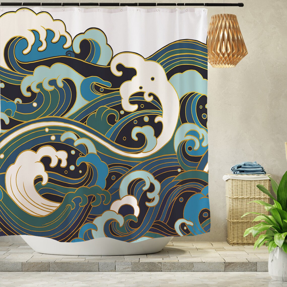 Feblilac Japanese Blue Ocean Waves Shower Curtain