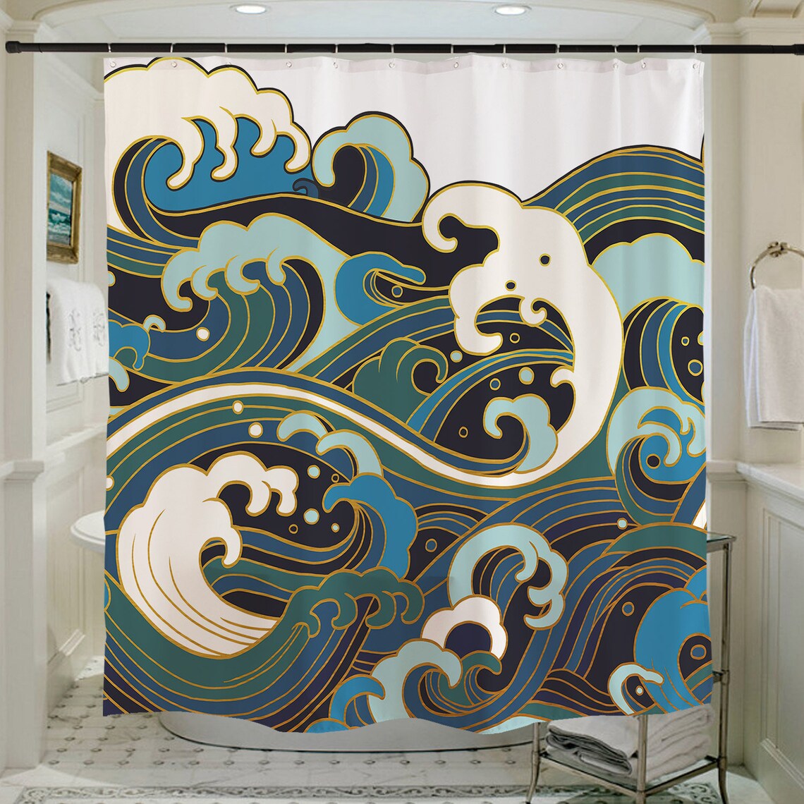 Feblilac Japanese Blue Ocean Waves Shower Curtain