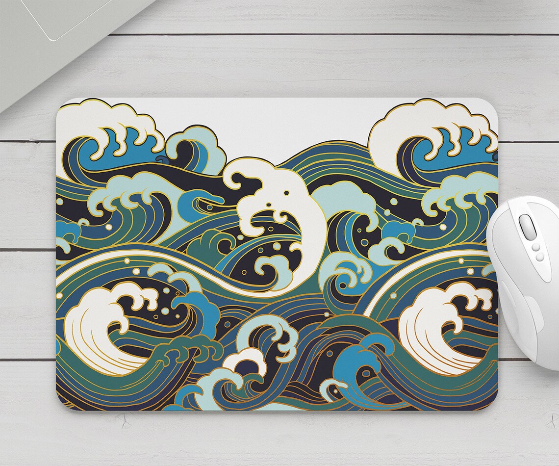 Feblilac Japanese Blue Ocean Waves Mouse Pad
