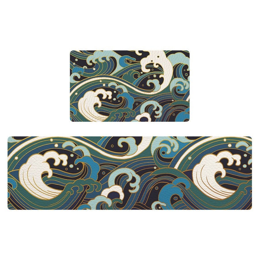 Feblilac Japanese Blue Ocean Waves PVC Leather Kitchen Mat - view 2