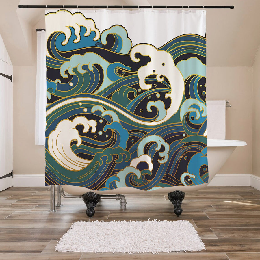 Feblilac Japanese Blue Ocean Waves Shower Curtain - view 4