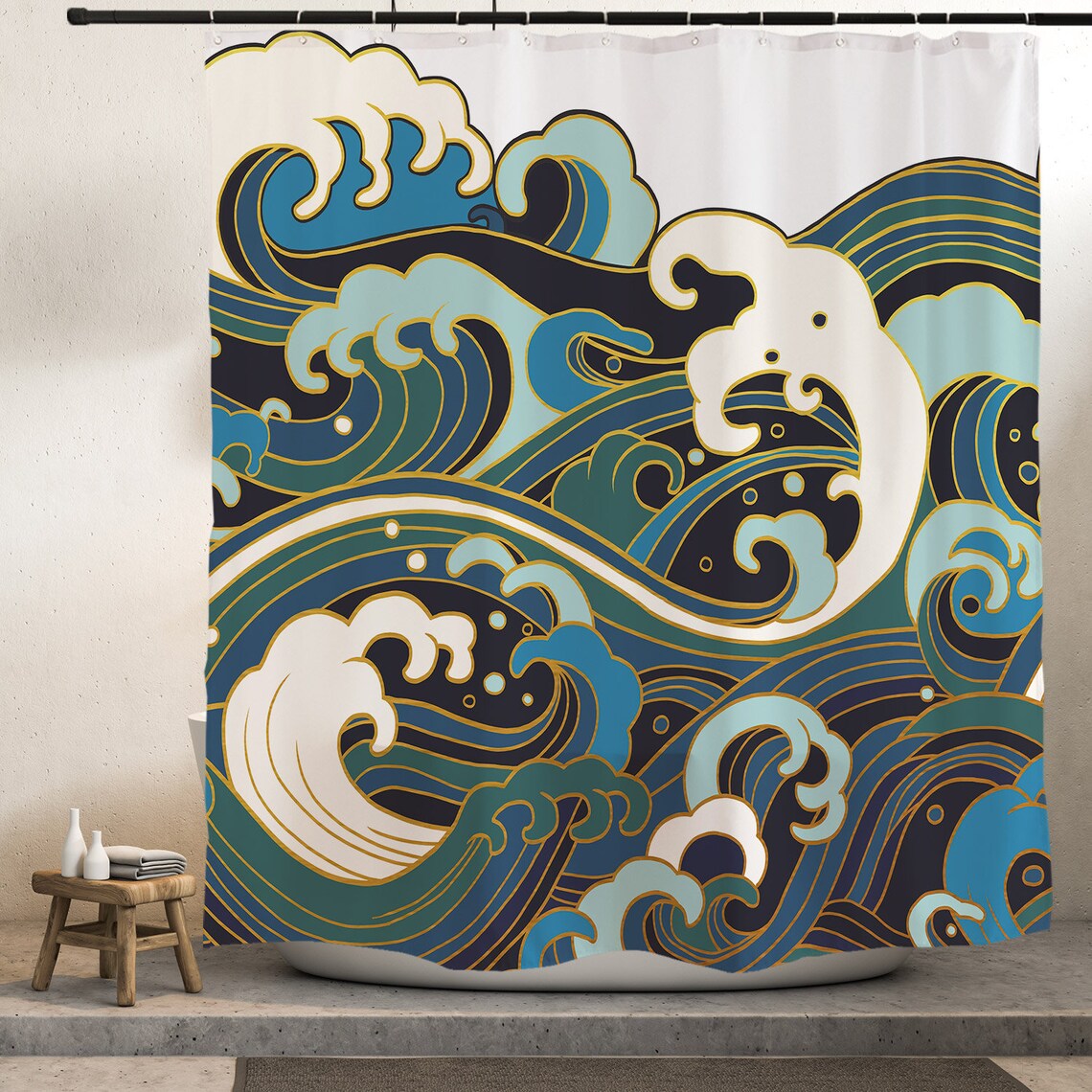 Feblilac Japanese Blue Ocean Waves Shower Curtain