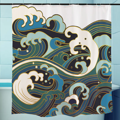 Feblilac Japanese Blue Ocean Waves Shower Curtain