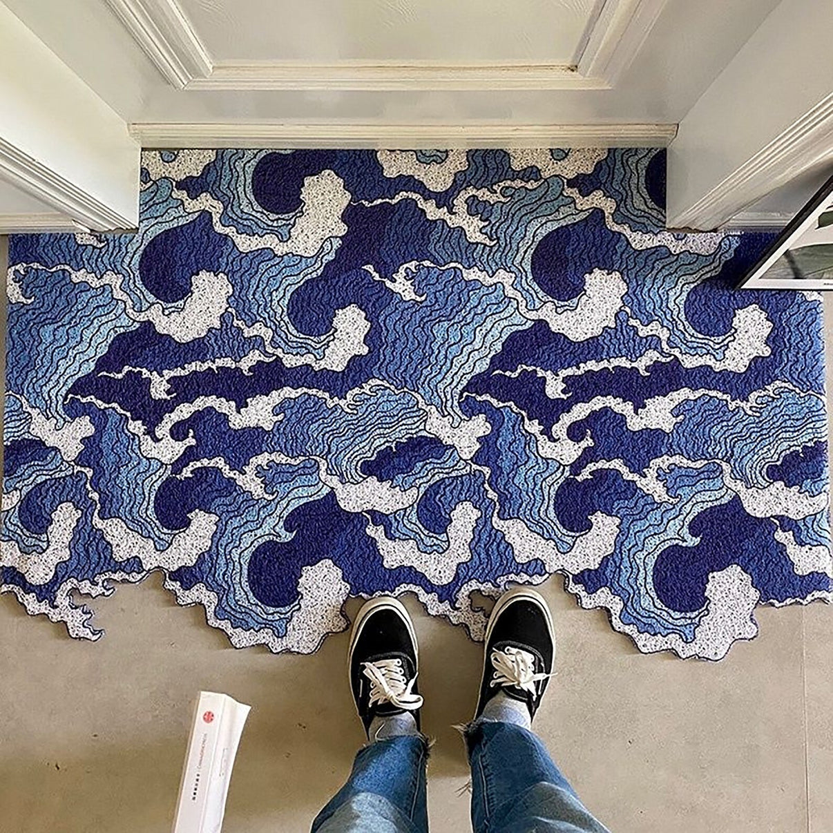 Feblilac Japanese Blue Wave Entrance Door Mat, Ukiyoe Art Doorway PVC
