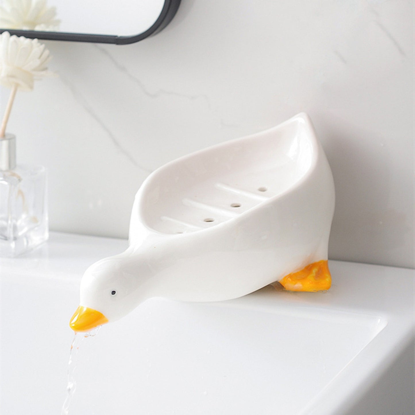 Feblilac Cute Ceramic Duck Soap Box for Bathroom