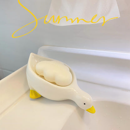 Feblilac Cute Ceramic Duck Soap Box for Bathroom