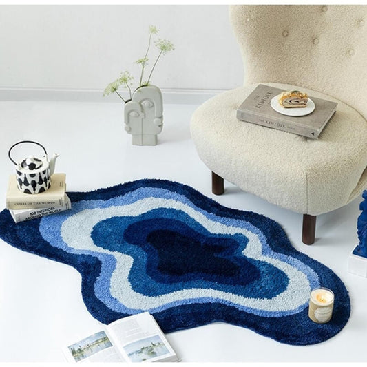 Feblilac Blue Abstract Dizzy Rug, Wave Mat for Bathroom