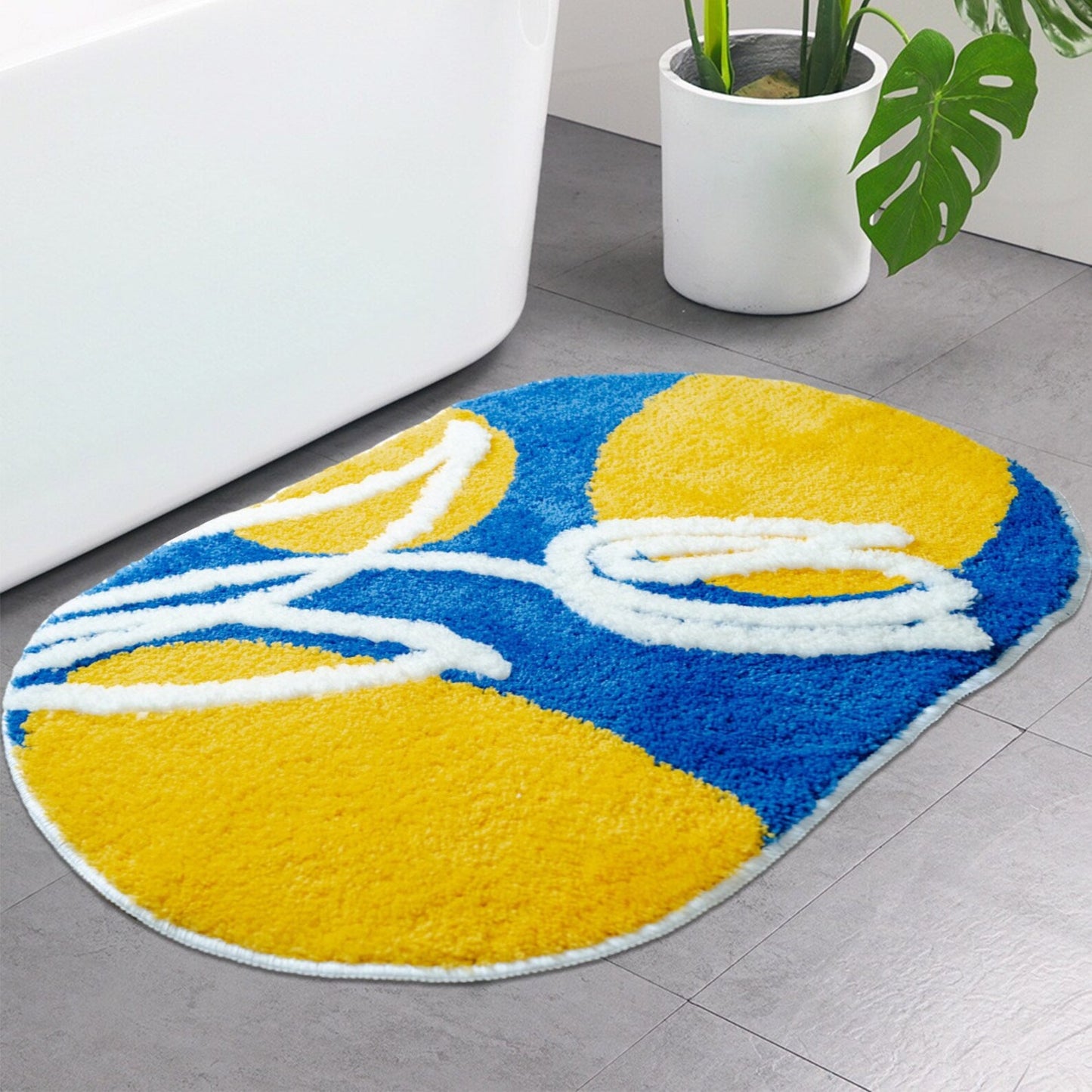 Feblilac White Tulip Bathroom Mat, Blue Yellow Mat Tufting Bath Mat