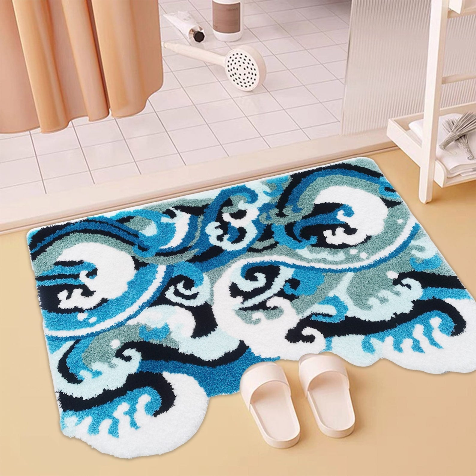 Great Wave Bath Mat, Blue and White Ocean Style Bathroom Rug, 60x90cm or 24''x35''