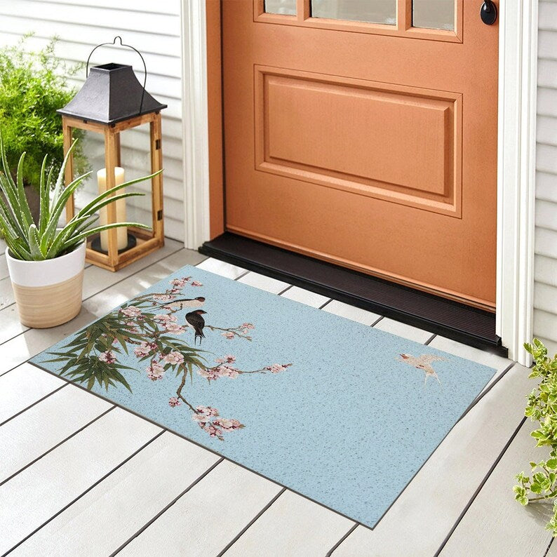 Feblilac Blue Bird Flower PVC Coil Door Mat