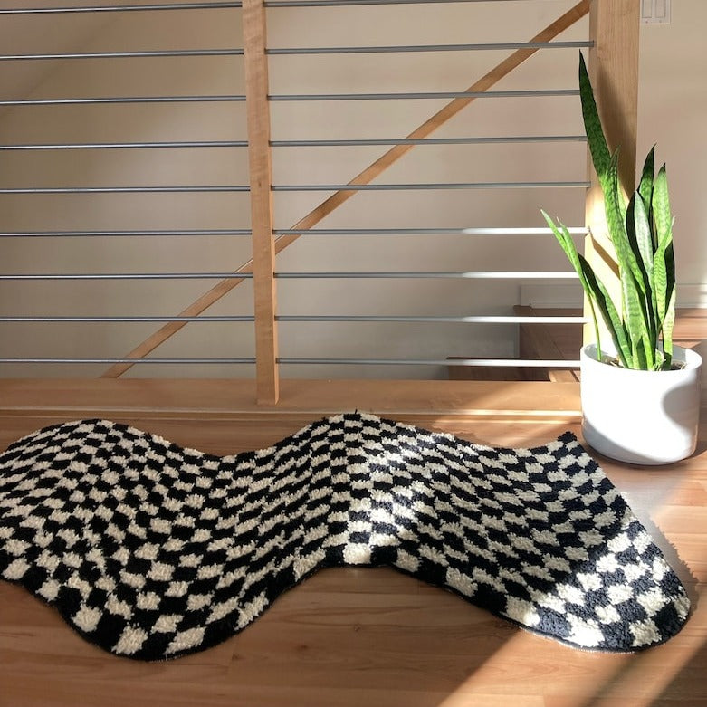 Irregular Rug for Bedroom, Checkerboard Bathroom Mat, Tufting Non-Slip Carpet, 47.2x27.5 inches