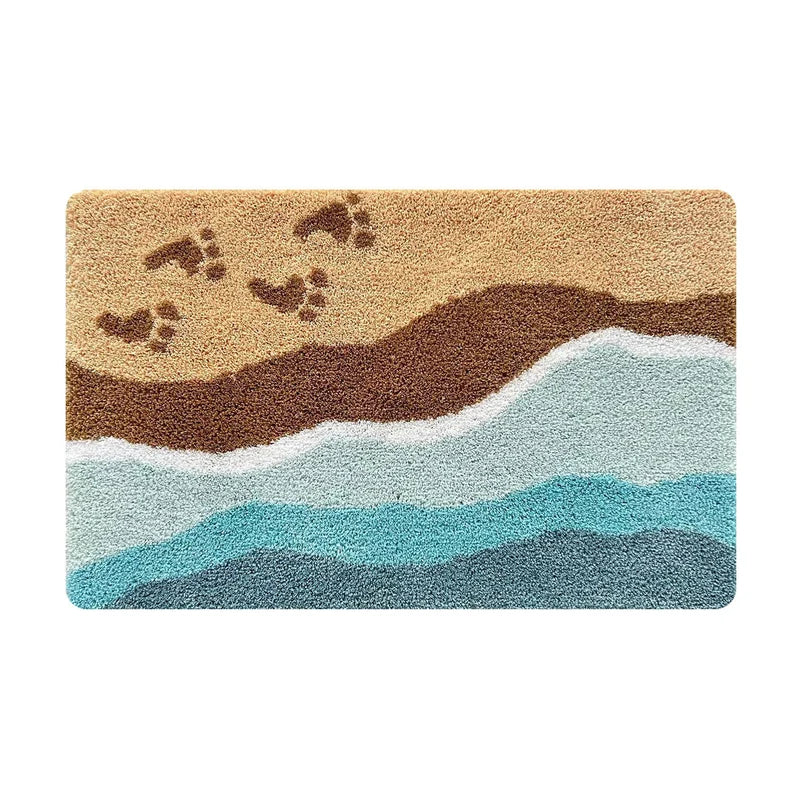 Feblilac Blue Ocean Bathroom Mat, Sandy Beach Mat Tufting Bath Mat, Water Absorbent Non-Slip Area Bath Mat for Home Decor